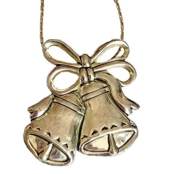 Vintage Christmas Bells Necklace Brooch Pin Pendant 24" Silver Plated Estate MJ - Picture 2 of 11